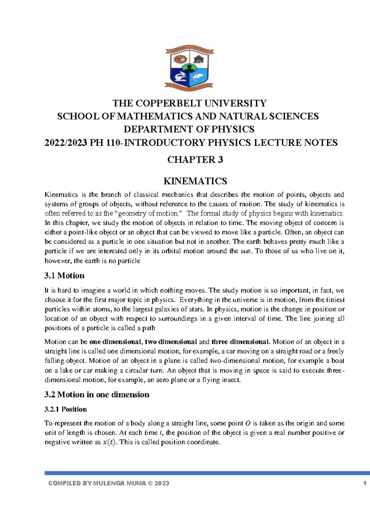 Chapter 3: Kinematics - PH 110 Introductory Physics Notes (2023) - Studocu