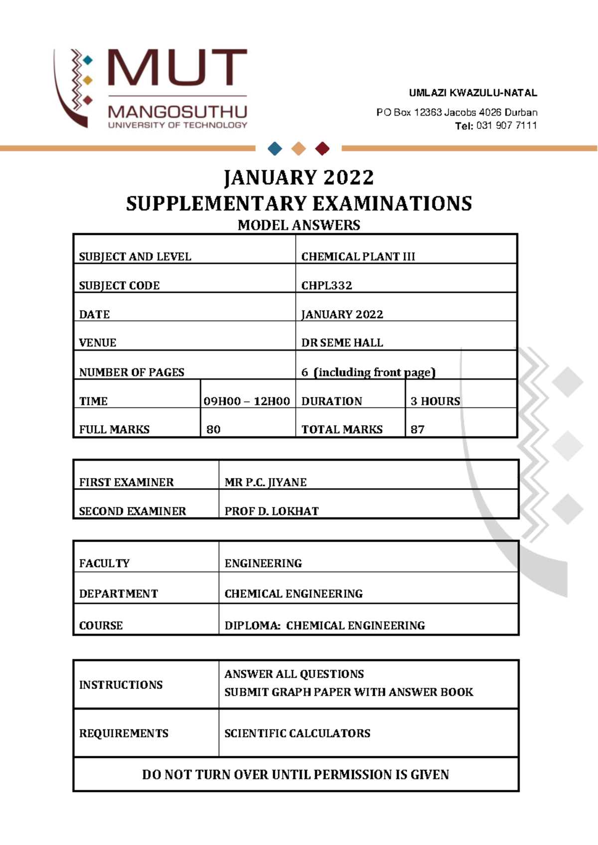 CHPL332 January 2022 Supplementary Exam Model Answers for Chemical ...