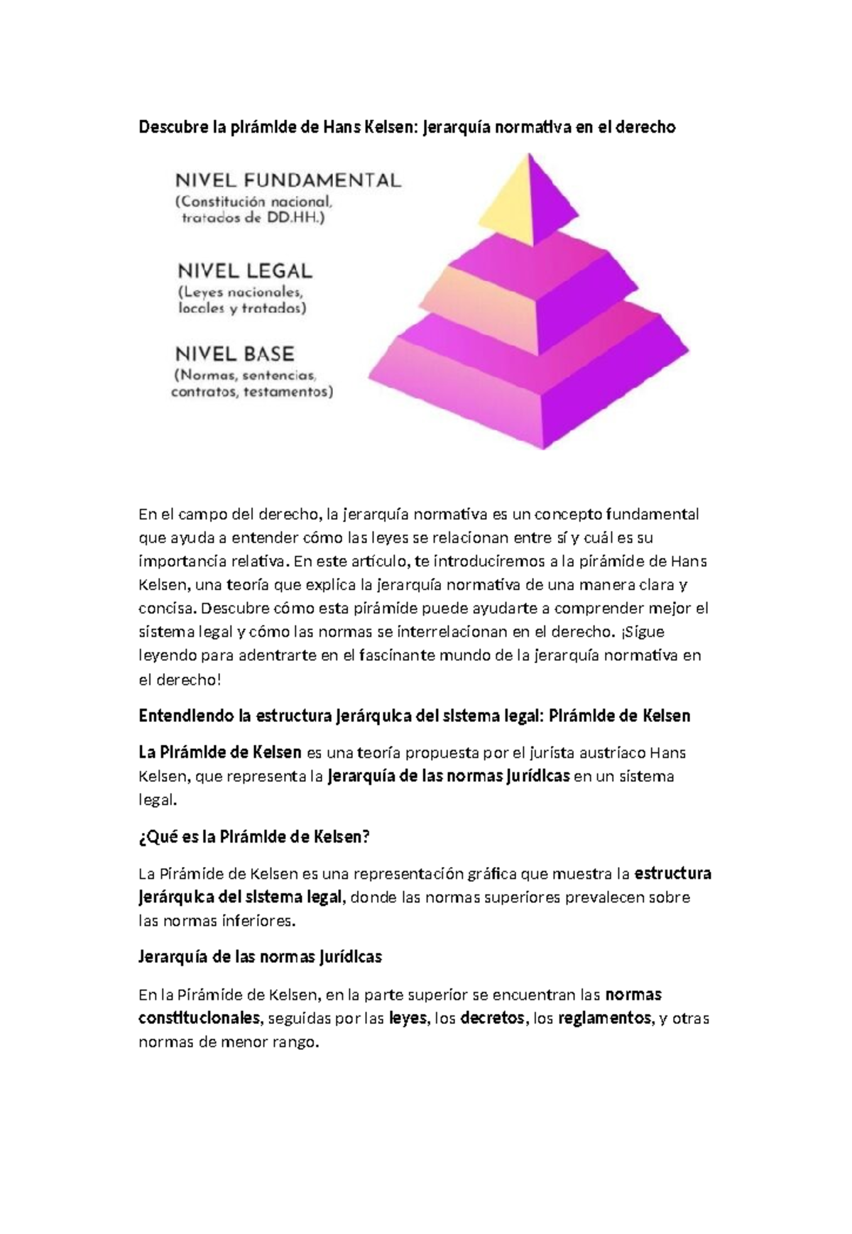 Pirámide de Kelsen: Jerarquía Normativa en el Derecho Explicada - Studocu