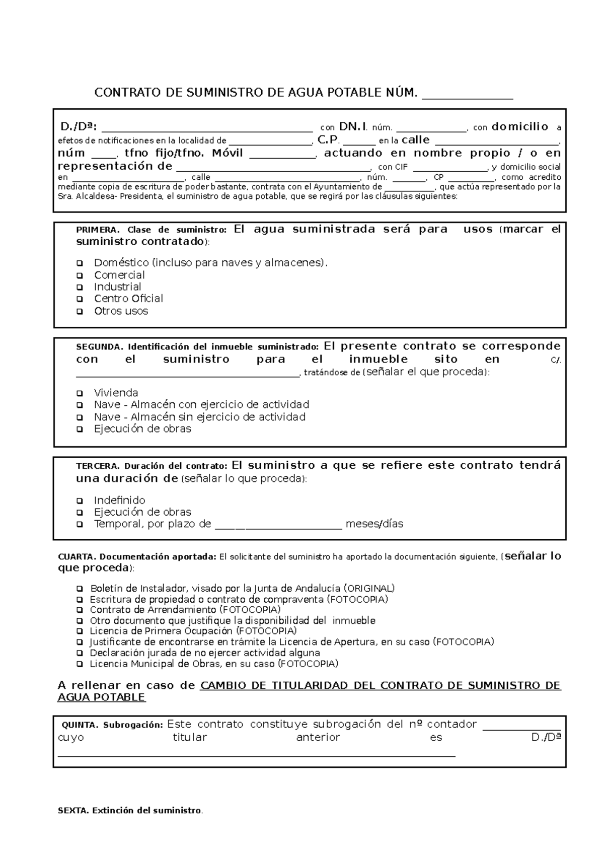 Contrato de Suministro de Agua Potable N° _______________ - Studocu