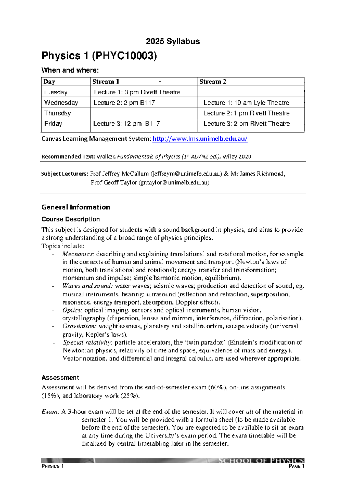 PHYC10003 Syllabus: Physics 1 Semester 1 2025 Overview and Schedule ...
