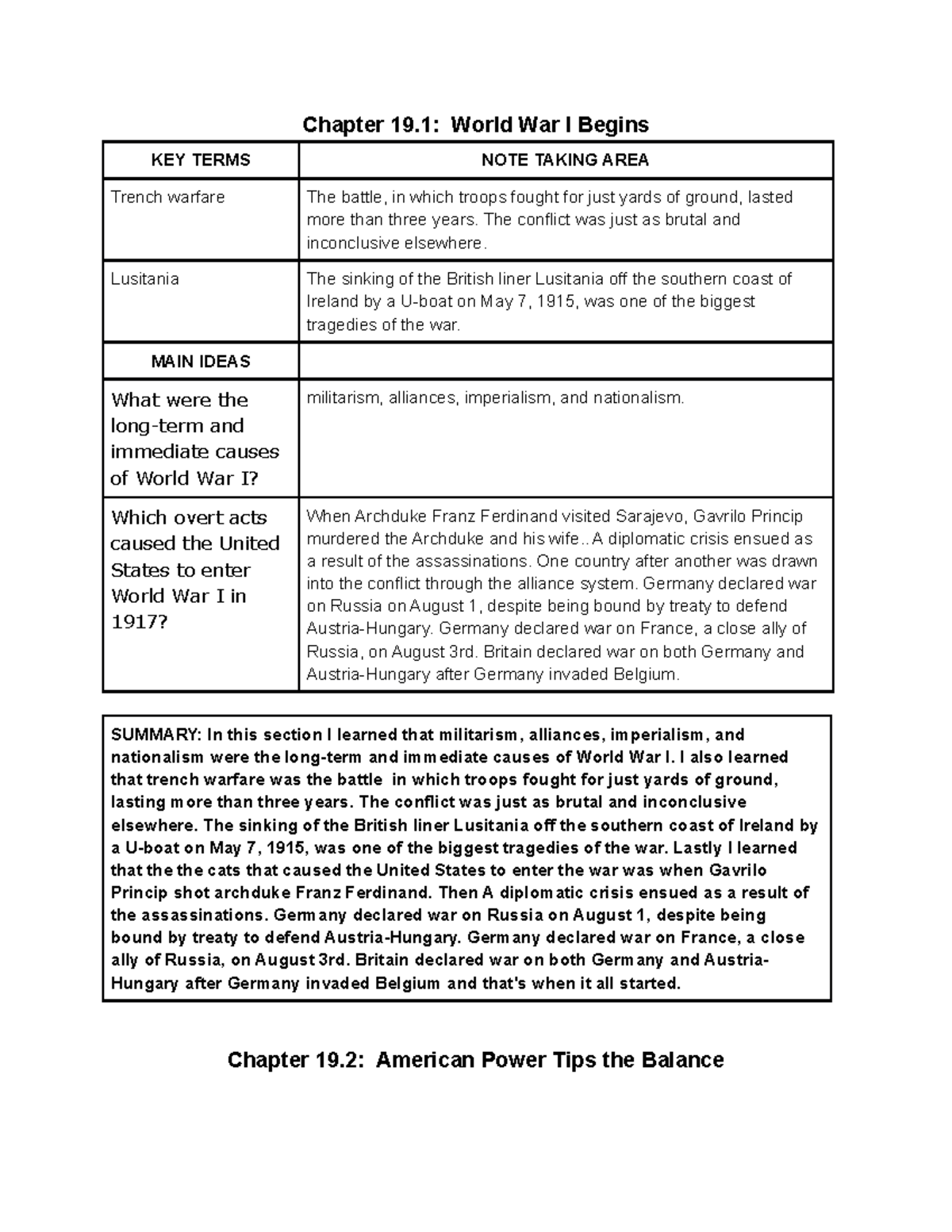 Ch. 19: Causes and Effects of World War I - Key Notes & Insights - Studocu