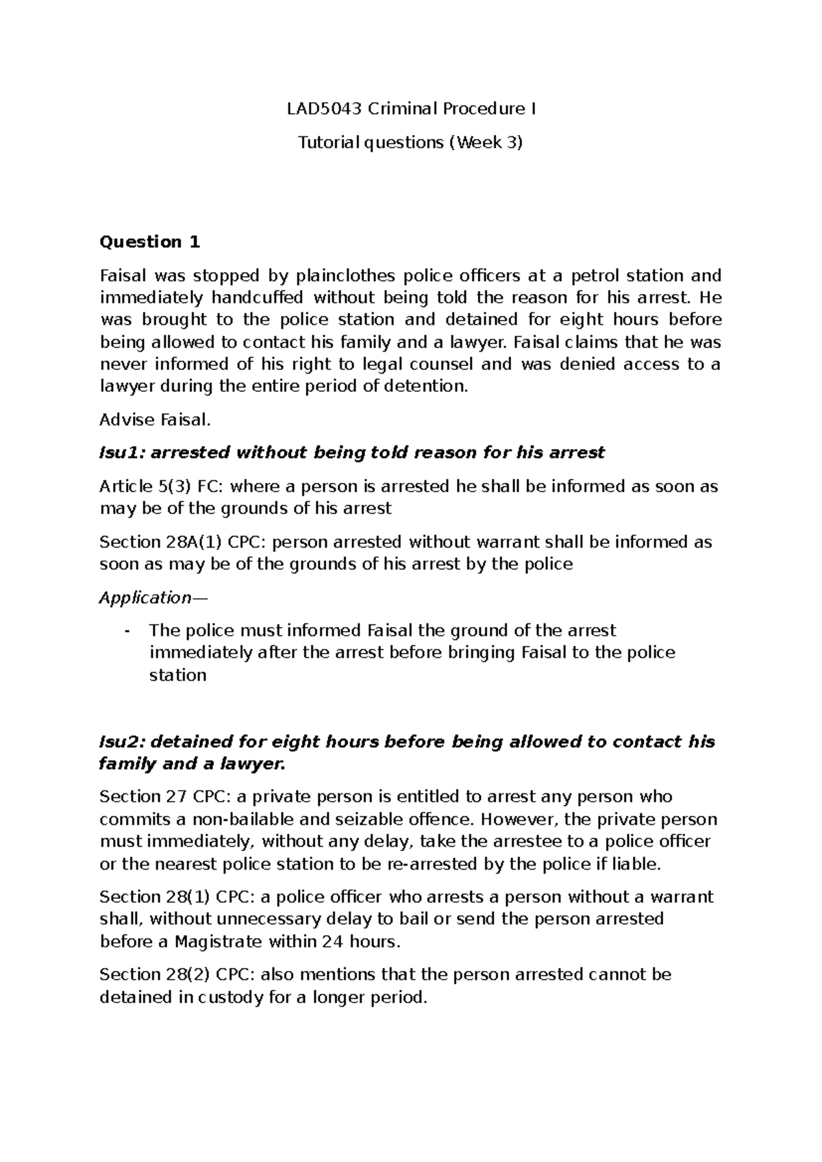 LAD5043 Criminal procedure I tutorial questions - week 3 on arrest ...