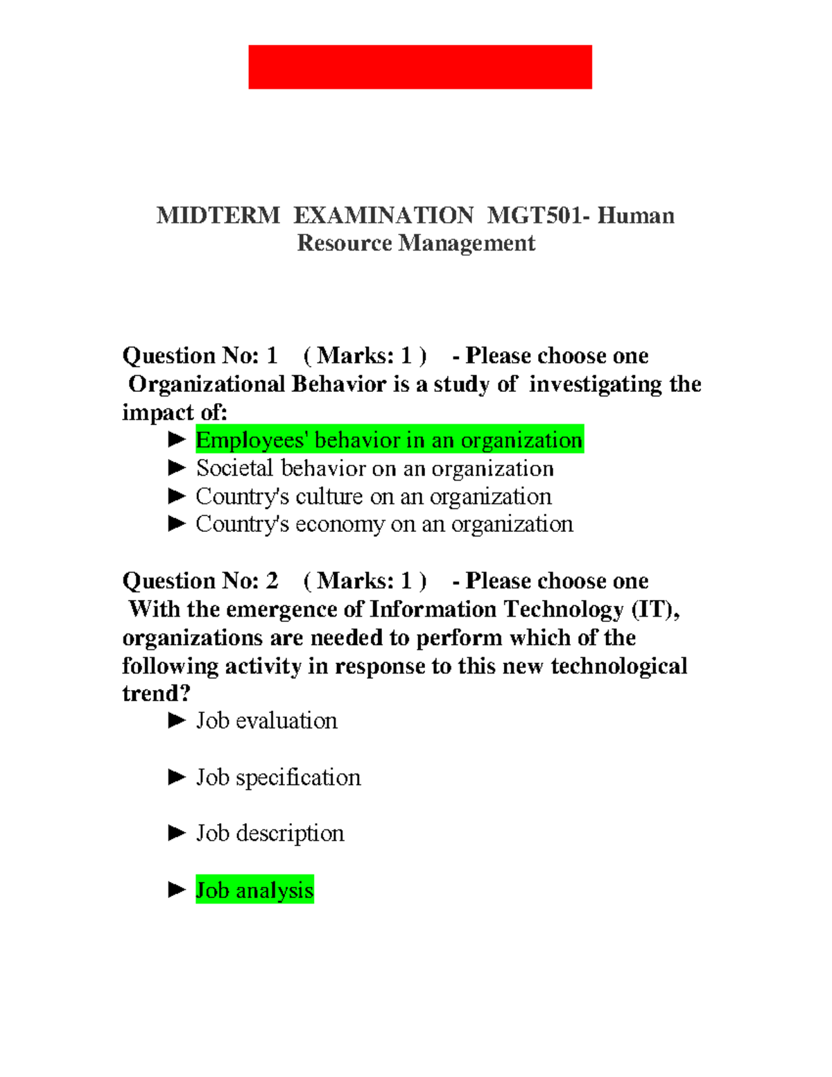 MGT501 - Midterm Exam Questions on Human Resource Management - Studocu