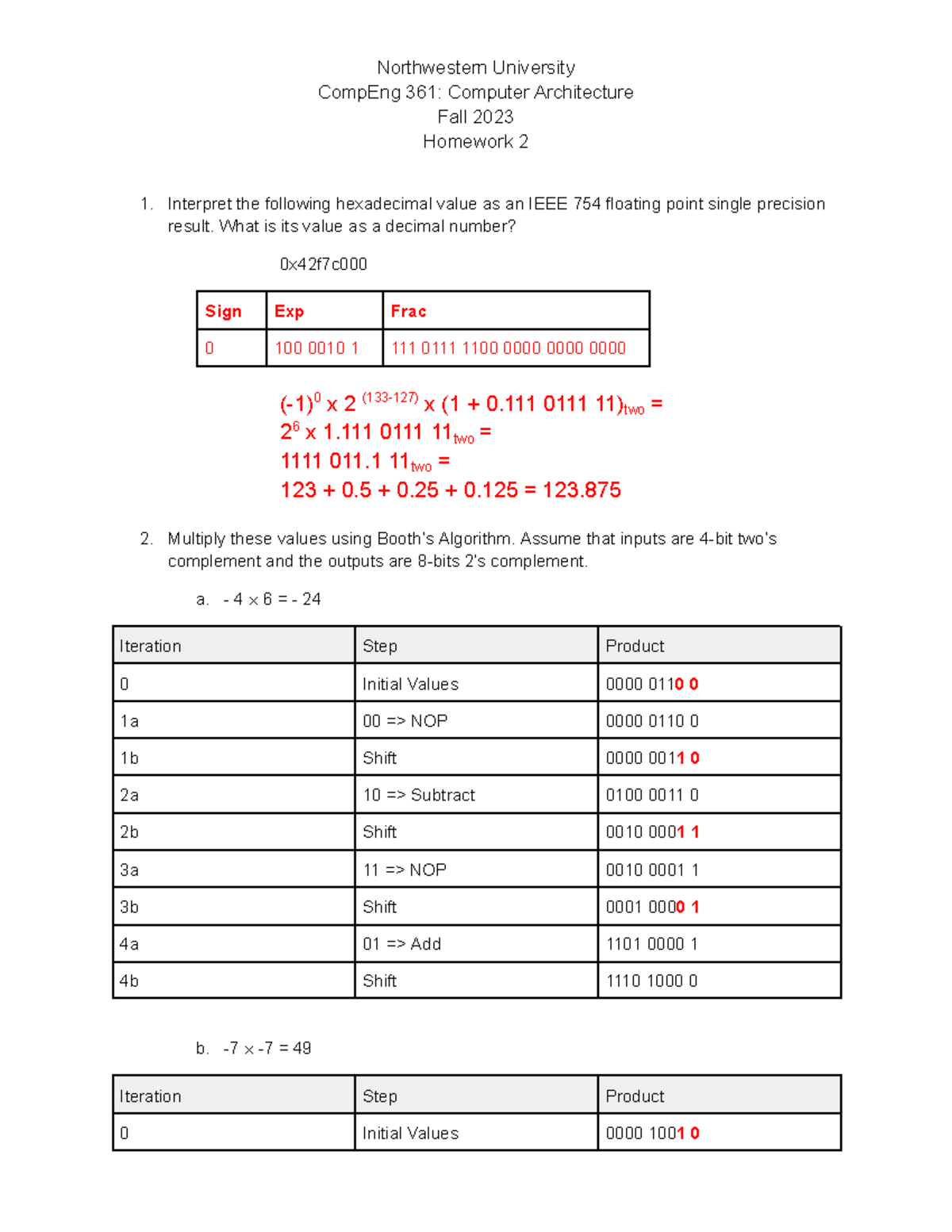 Comp Eng 361 - HW2 Solutions: IEEE 754 & Booth’s Algorithm Methods ...