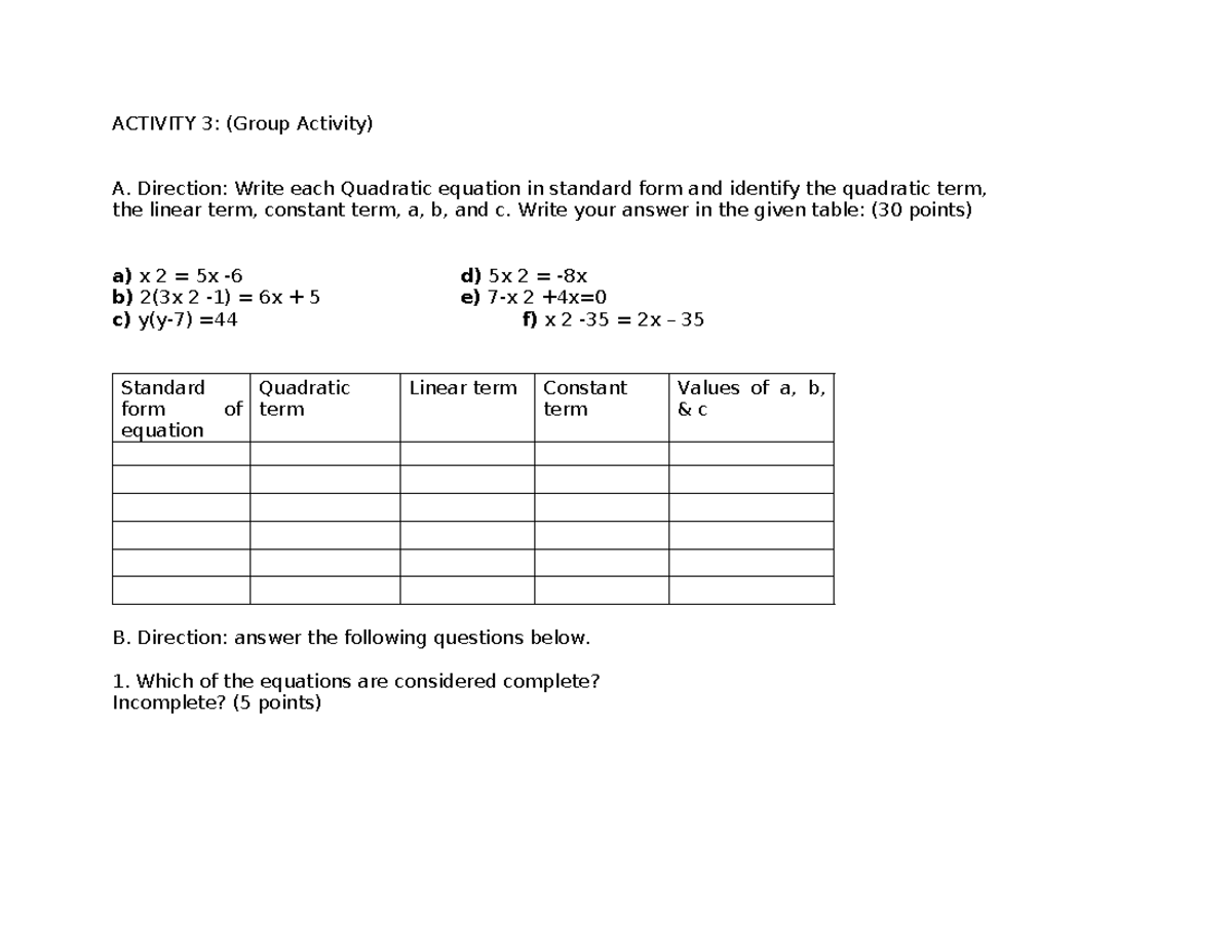 Math Worksheets - Group Activities on Quadratic Equations - Studocu