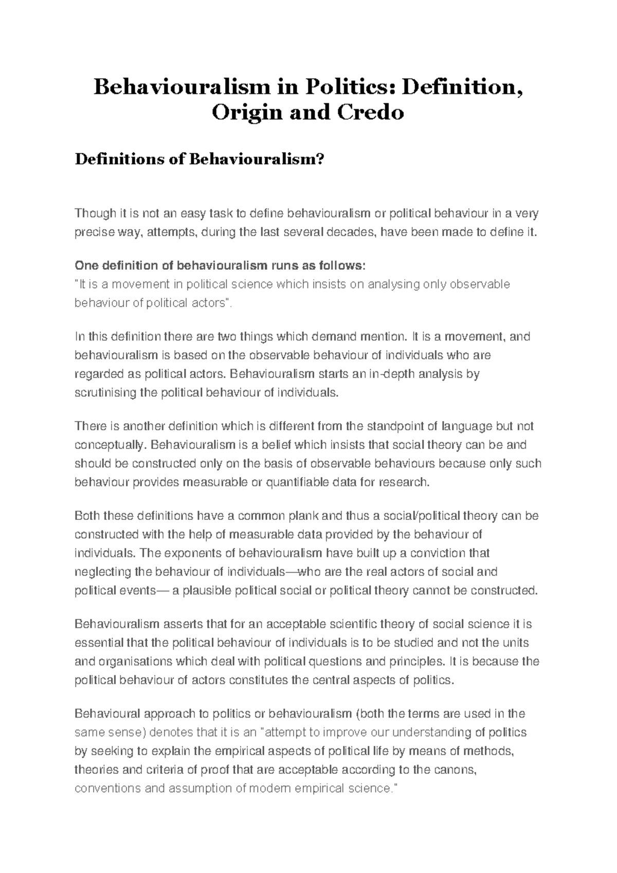 Behaviouralism in Politics - One definition of behaviouralism runs as ...