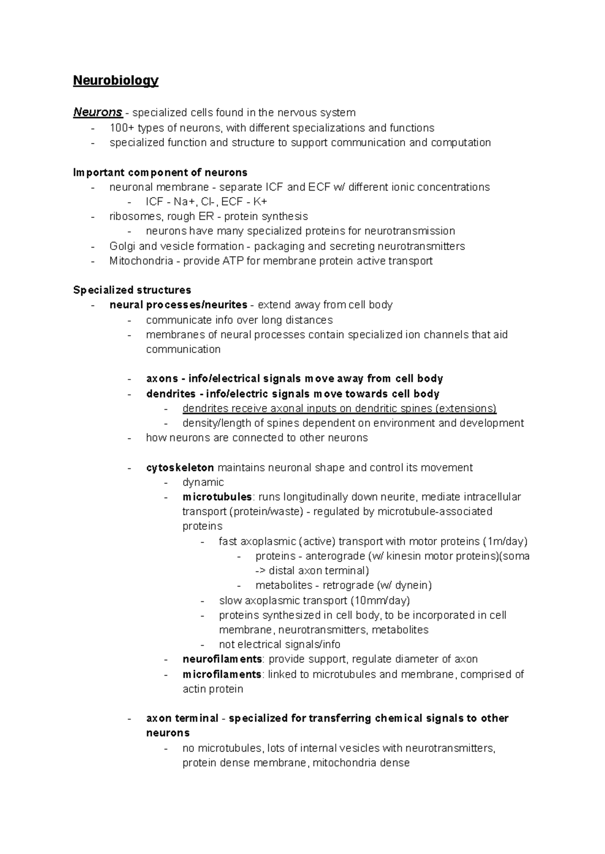 1052 S2 Neurobiology - Lecture Notes on Neurons and Their Functions ...