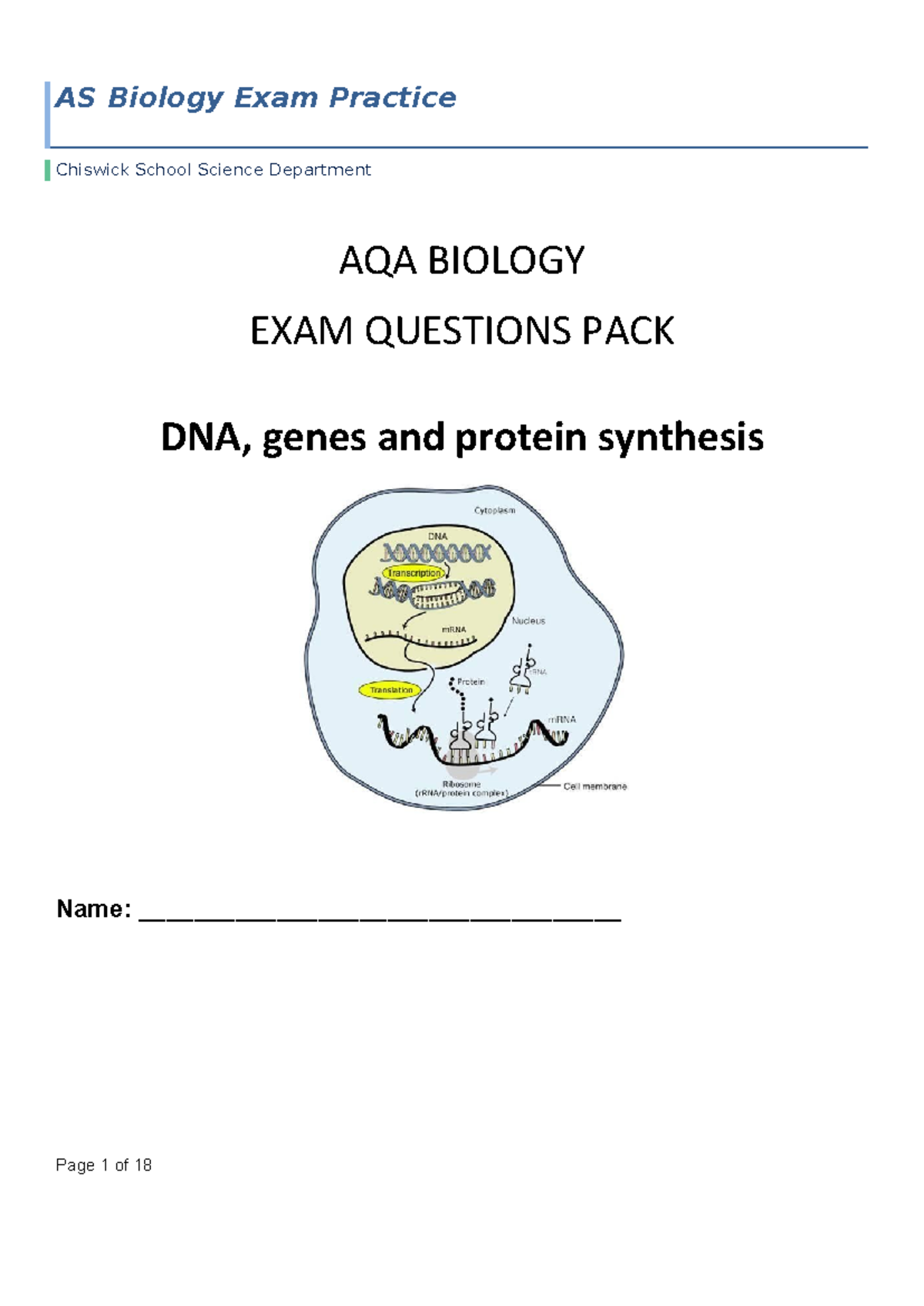 AQA AS Biology Exam Practice: DNA, Genes, and Protein Synthesis - Studocu