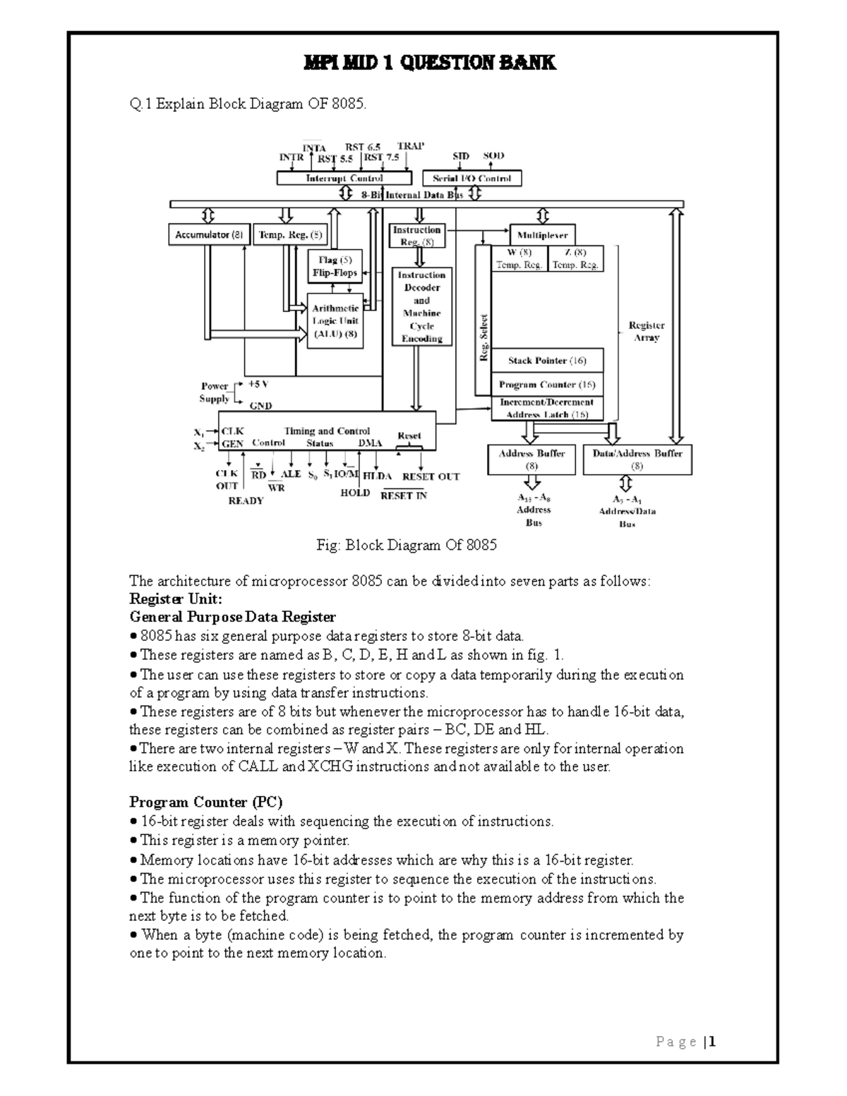 MPI MID 1 SOL - 5d6fc46df - Q Explain Block Diagram OF 8085. Fig: Block ...