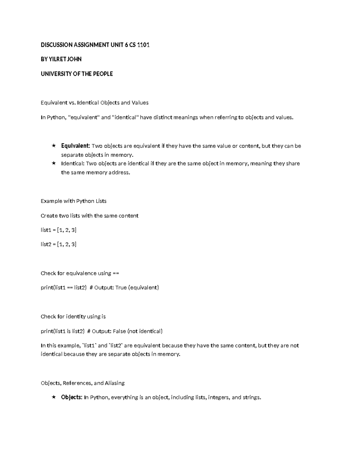 Discussion Assignment Unit 6: CS 1101 - Python Object Equivalence ...