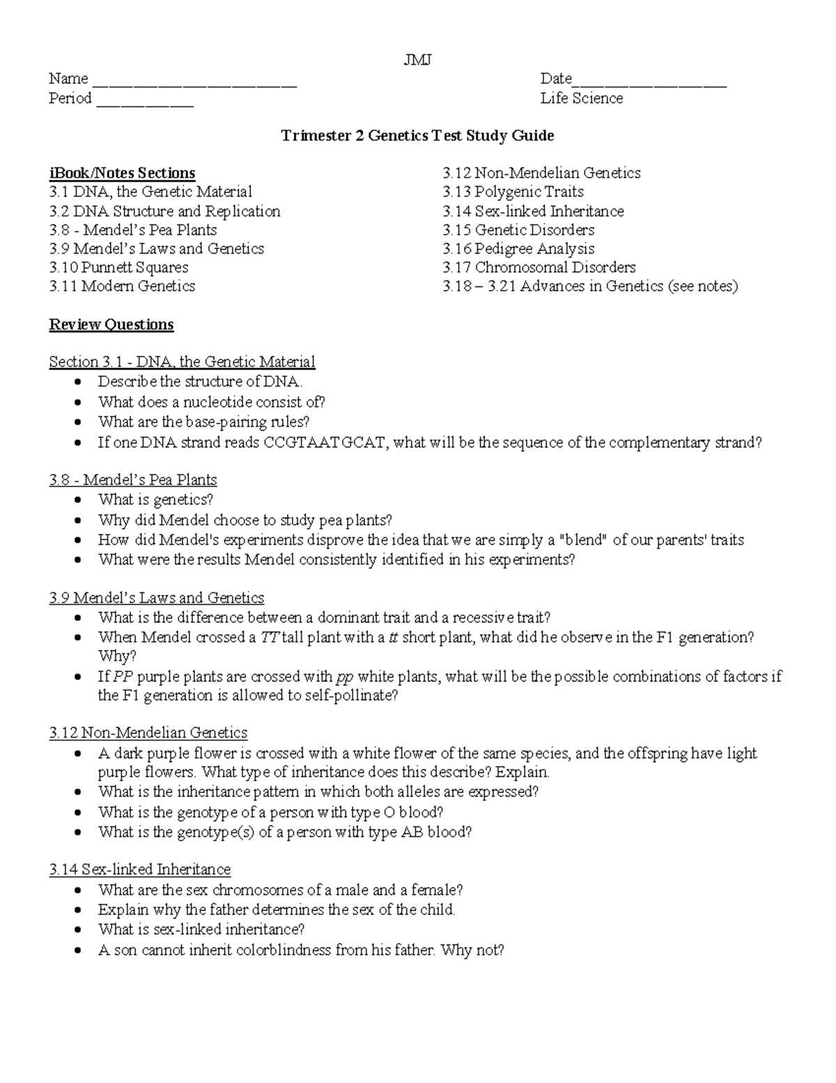 Genetics Test Study Guide - Life Science 2nd Trimester Overview - Studocu