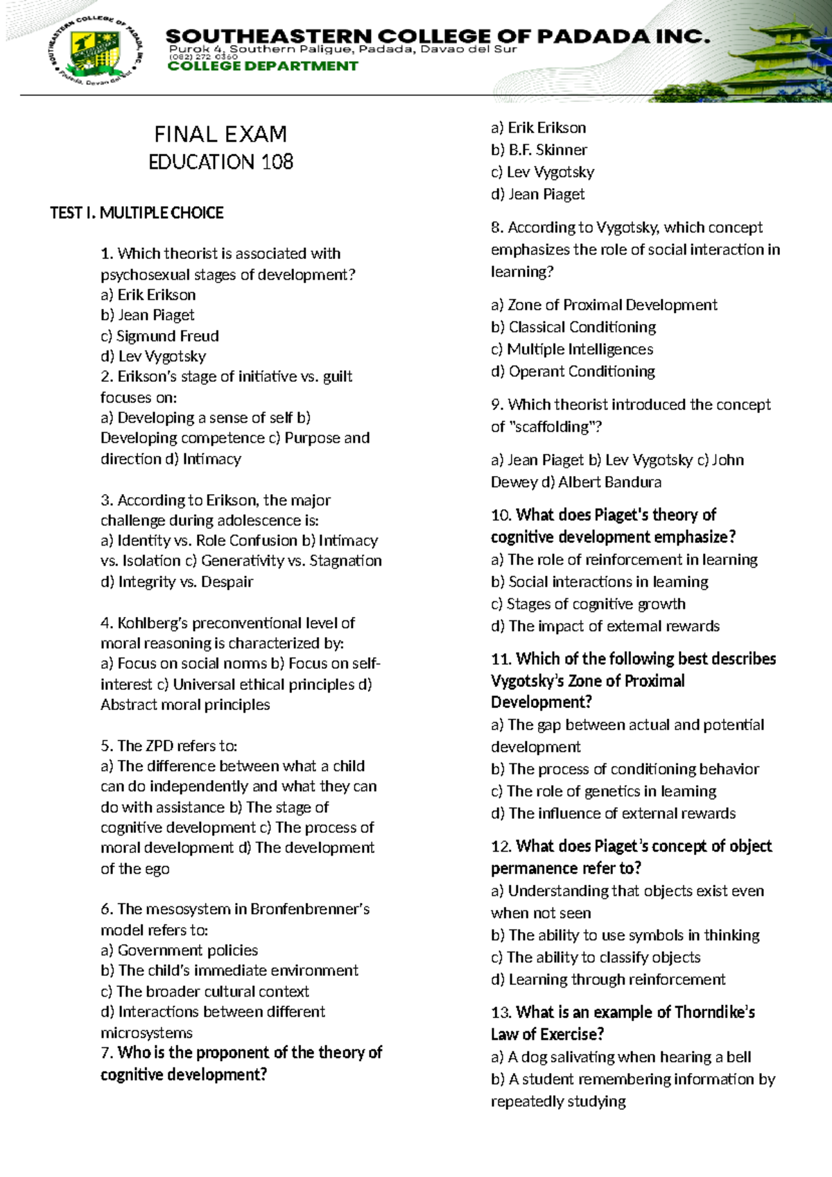 FINAL EXAM EDUCATION 108: MULTIPLE CHOICE QUESTIONS & ANSWERS - Studocu