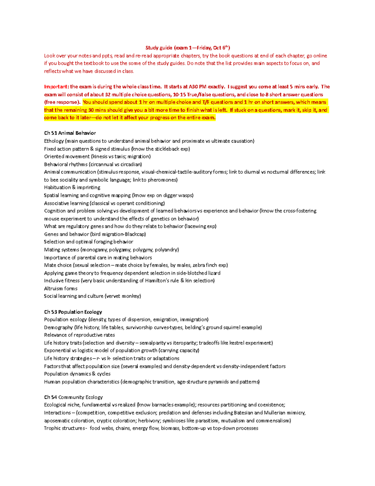 Study Guide for Exam 1 on Animal Behavior and Ecology (202 F2023) - Studocu