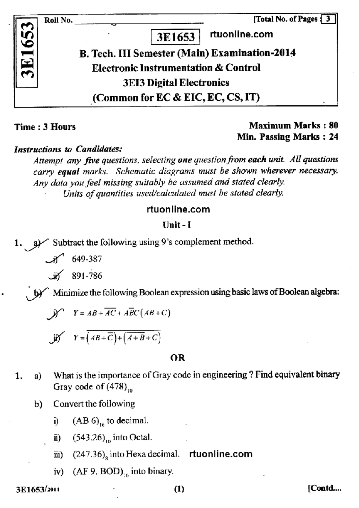 Btech cs it 3 sem digital electronics 3e1203 feb 2023 - Total No. of ...