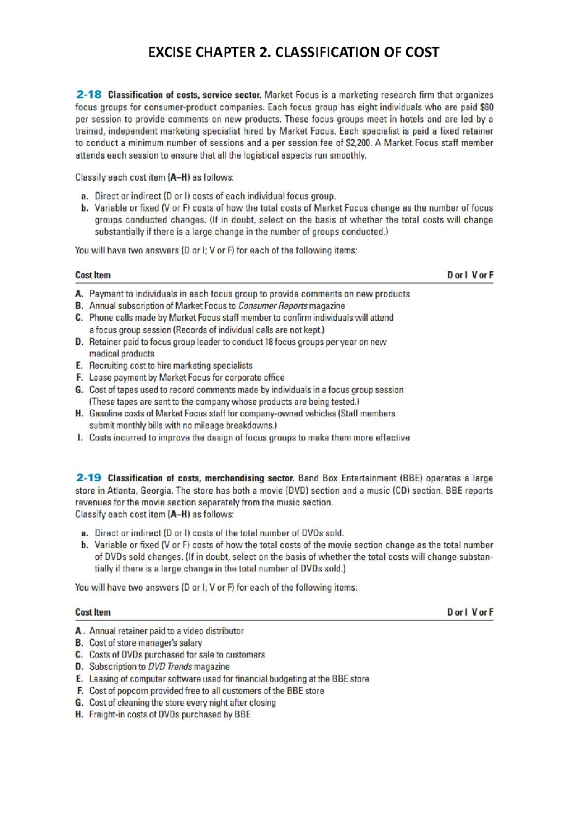 Chapter 2: Cost Classification Exercises (EXCISE) - Studocu
