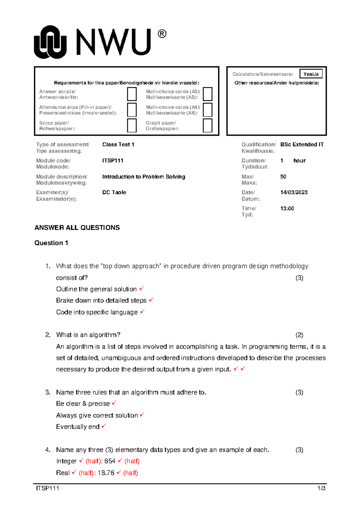 Class Test 1 ITSP111 - Problem Solving Assessment Notes - Studocu