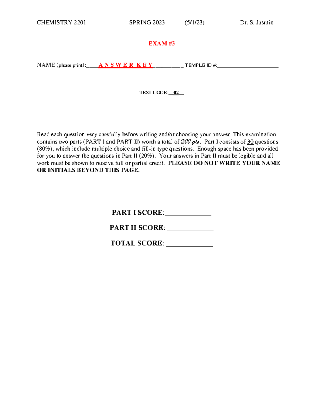 CHEM 2201 Spring 2023 - Exam #3 Answer Key - Studocu
