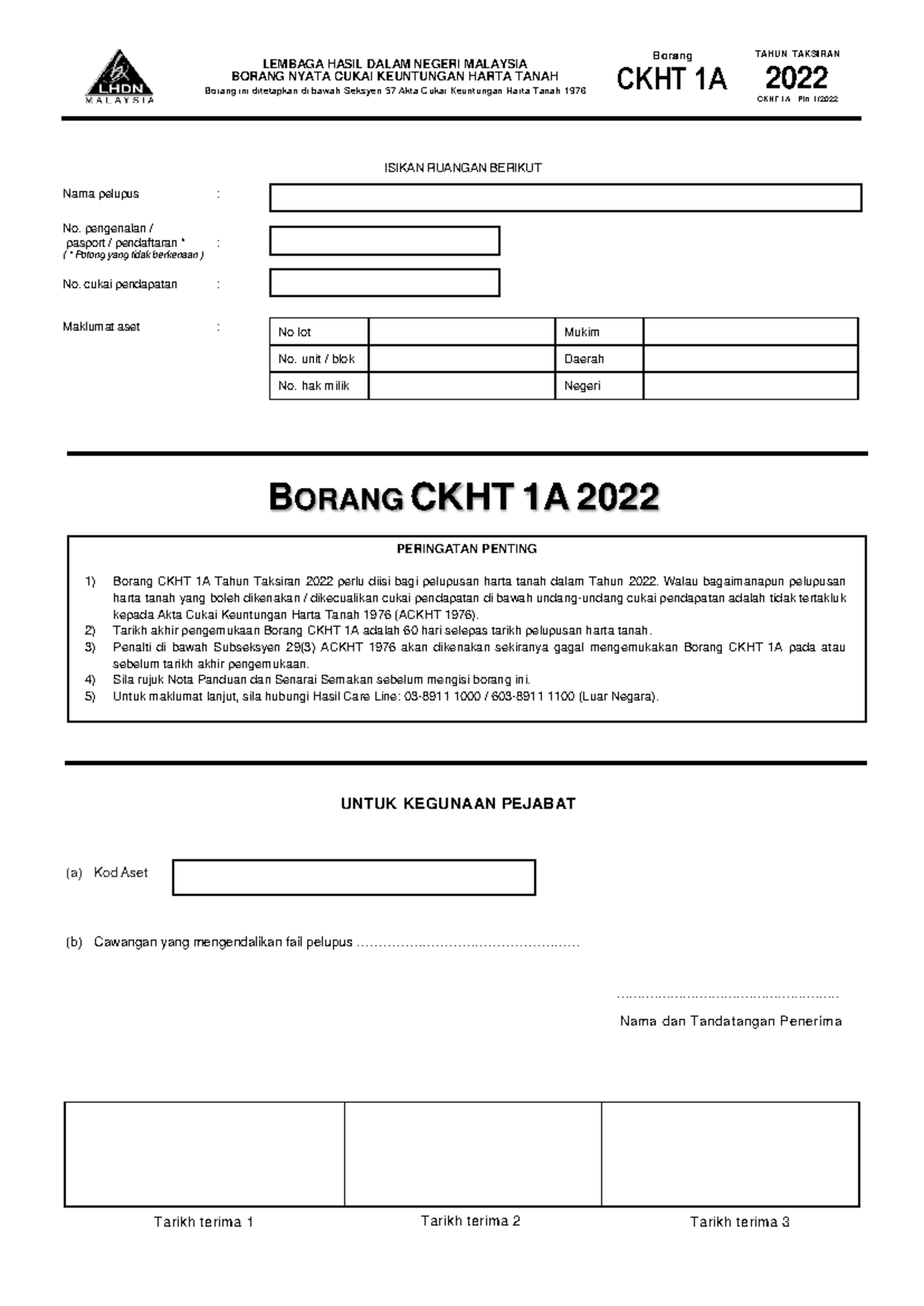 Borang CKHT 1A - Pin 1 untuk Tahun Taksiran 2022 - Studocu