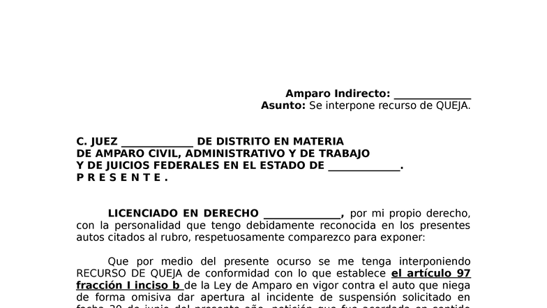 Recurso de Queja en Amparo Indirecto: Análisis y Argumentos Jurídicos ...