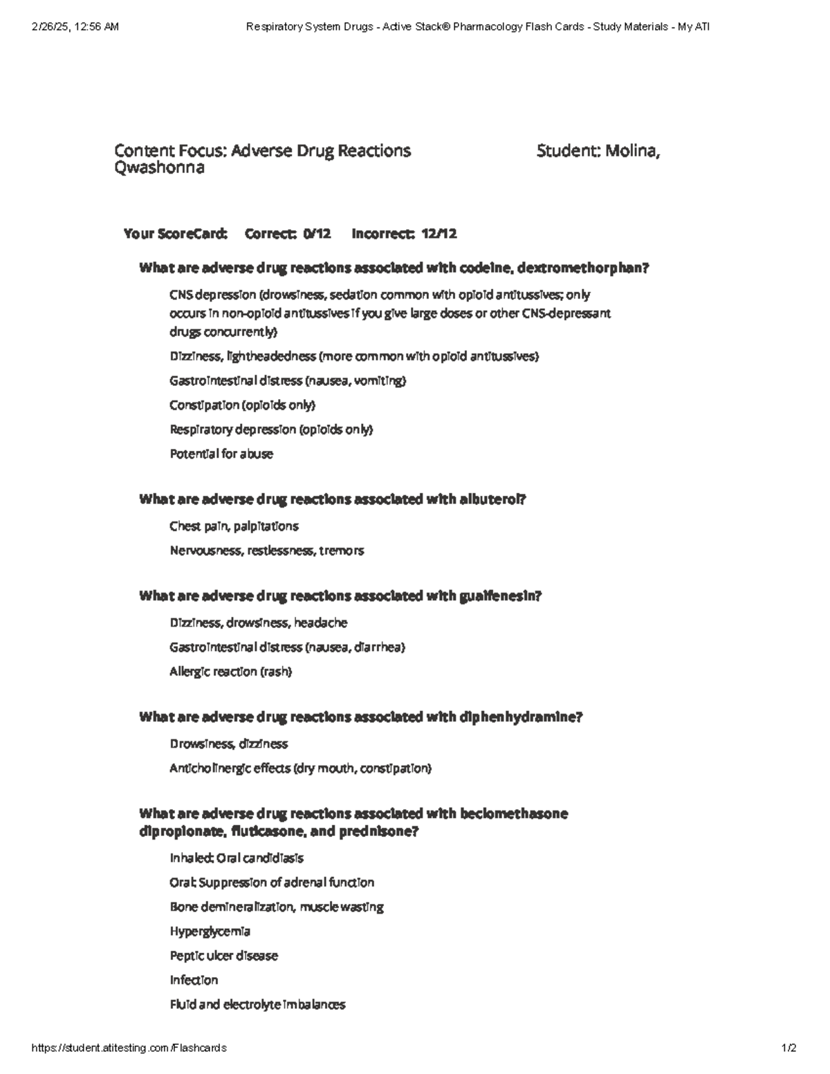 Respiratory System Drugs: Adverse Reactions Study Guide - ATI ...