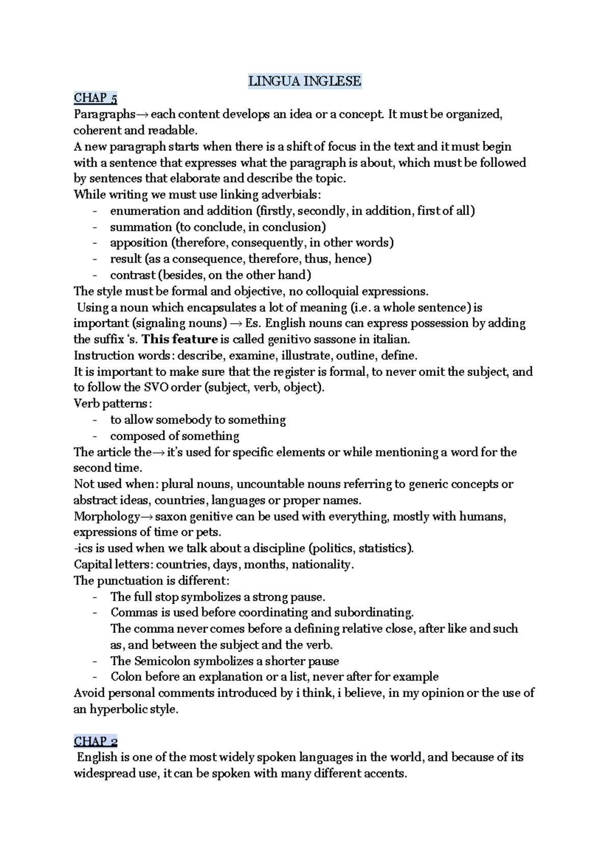 LINGUA INGLESE CHAP 5: Structure, Phonetics, and Grammar Insights - Studocu