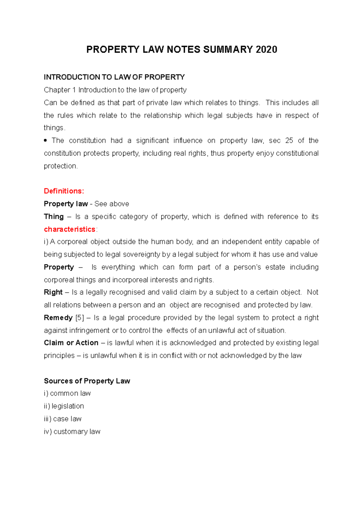 Property Law Notes Summary (Course Code: PRO LAW 2020) - Studocu