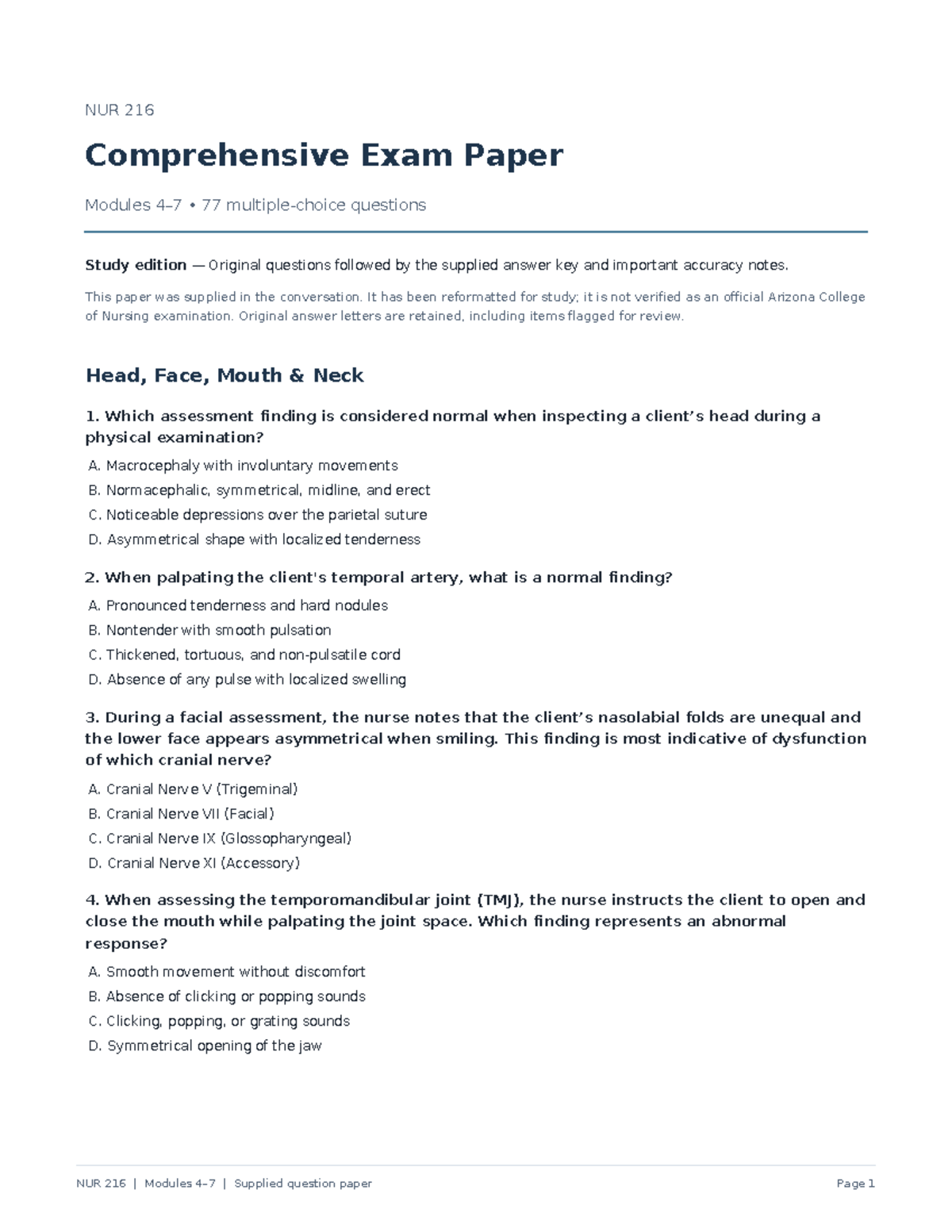 NUR 216 Comprehensive Exam Paper - Modules 4–7 - Studocu