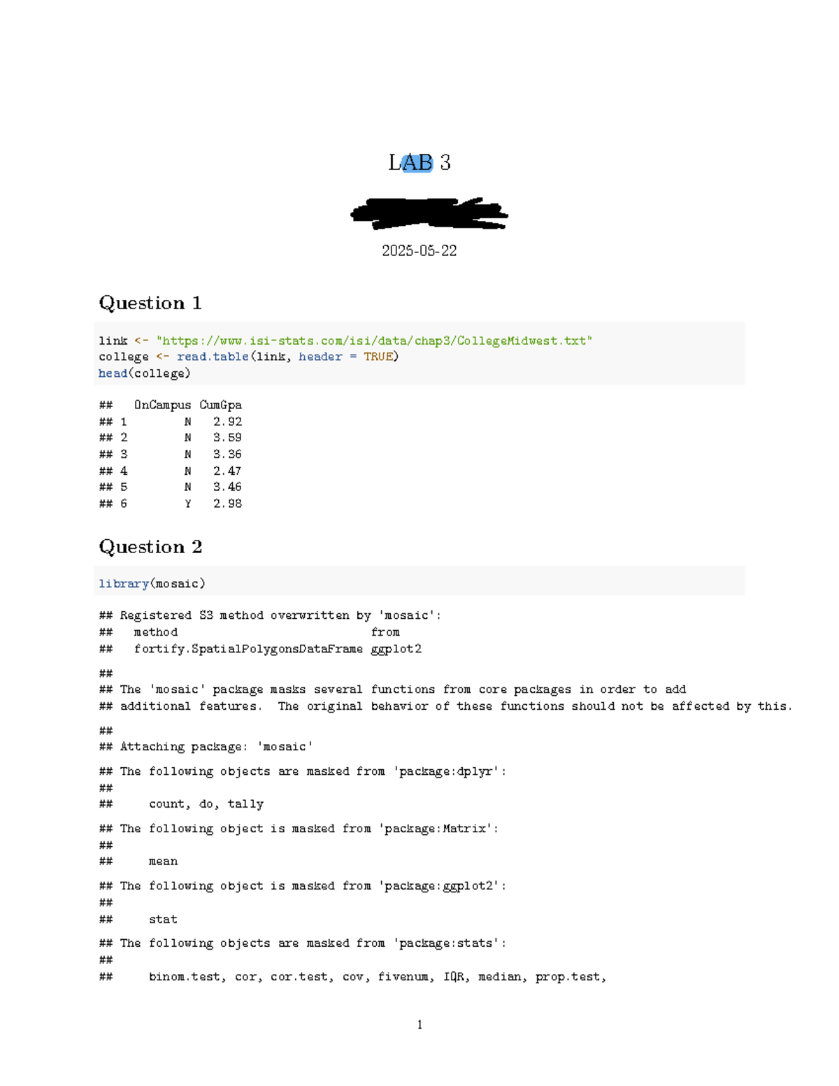 LAB 3 Stats - R Studio Analysis and Results - Studocu