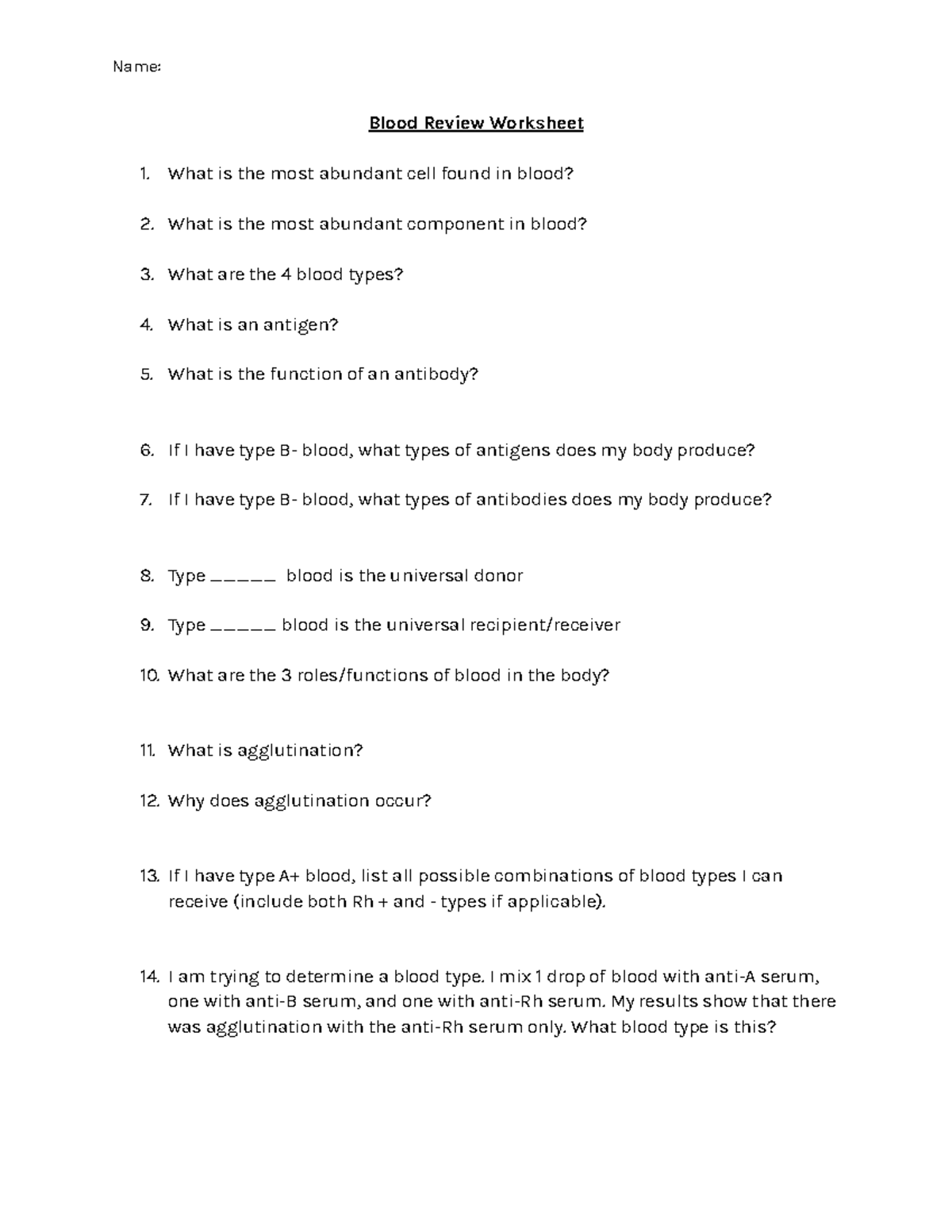 BIOL 101: Blood Review Worksheet and Key Concepts - Studocu