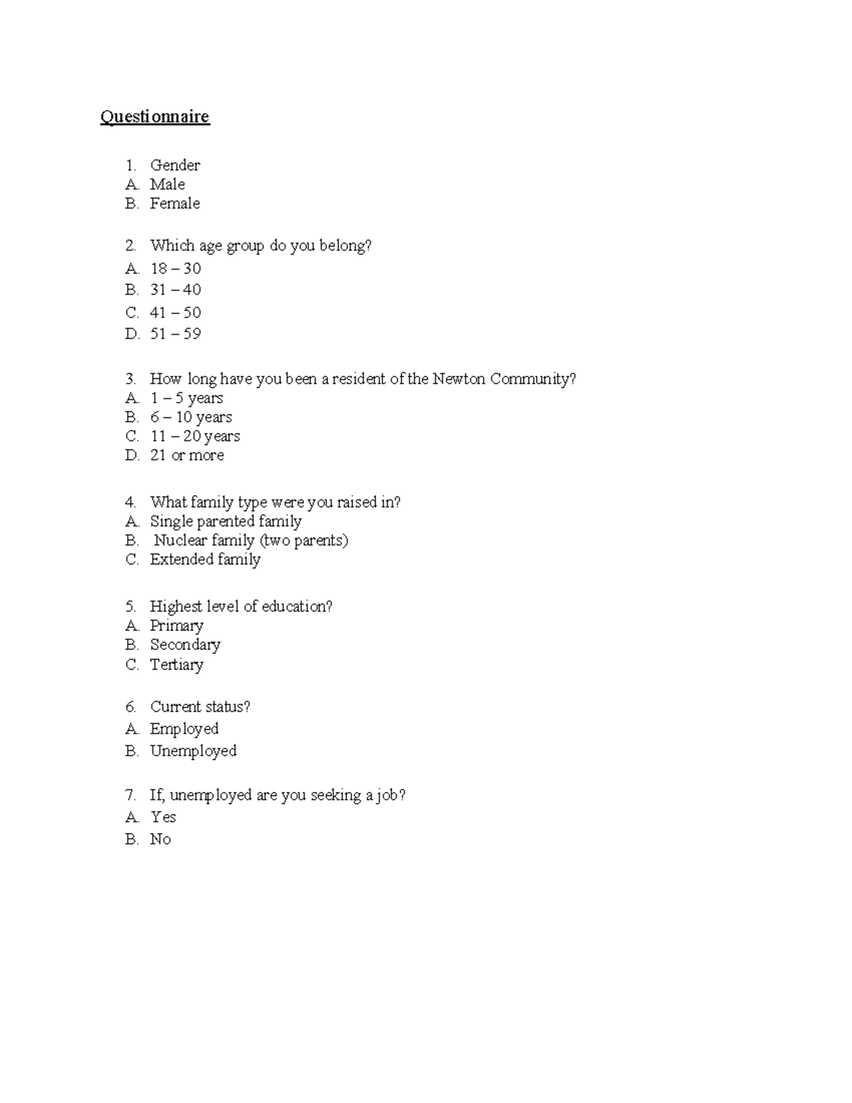 Questionnaire 1: Community Demographics & Employment Status - Studocu