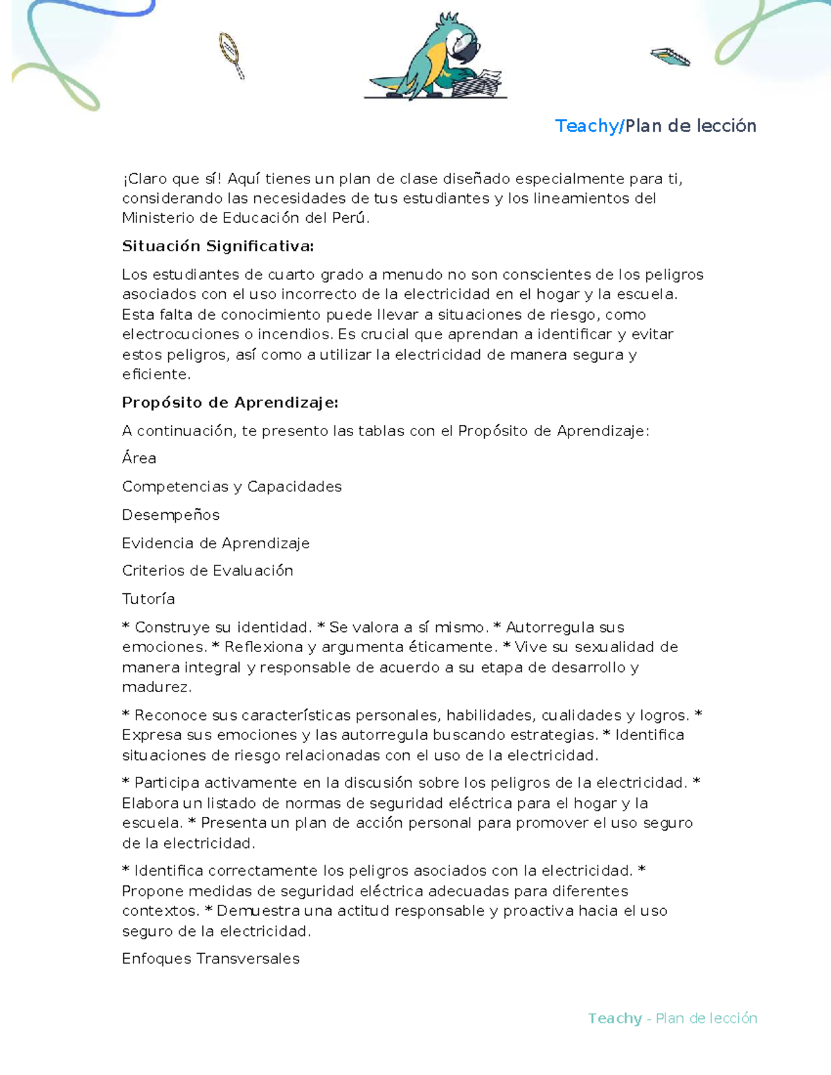 Plan de Clase: Uso Seguro de la Electricidad para 4to Grado - Studocu
