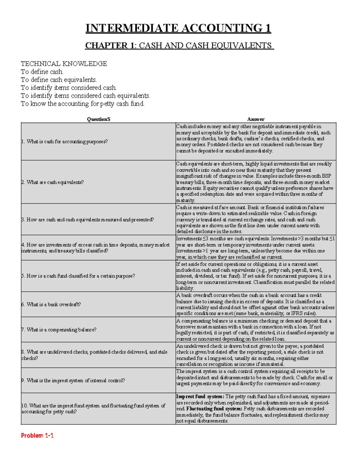 Intermediate Accounting 1 Chapter 1: Cash and Cash Equivalents QA - Studocu