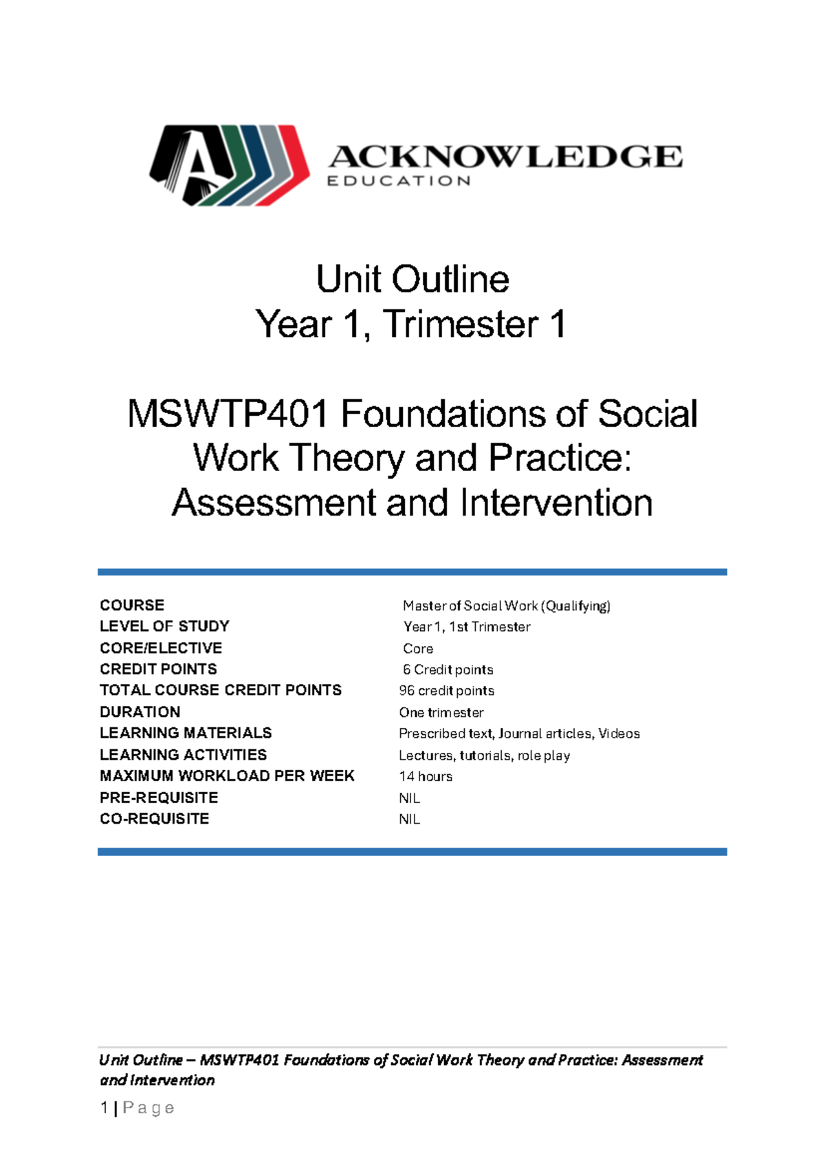 Unit Outline MSWTP401: Foundations of Social Work Theory & Practice ...