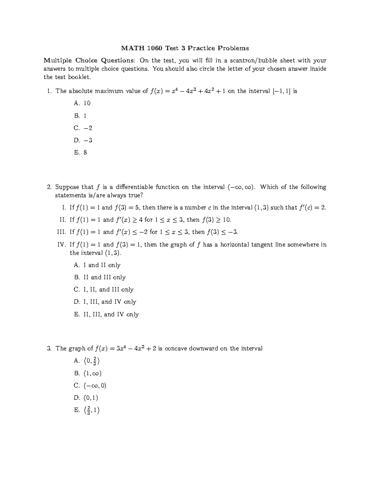 MATH 1060 Test 3 Practice Problems: Multiple Choice Questions - Studocu