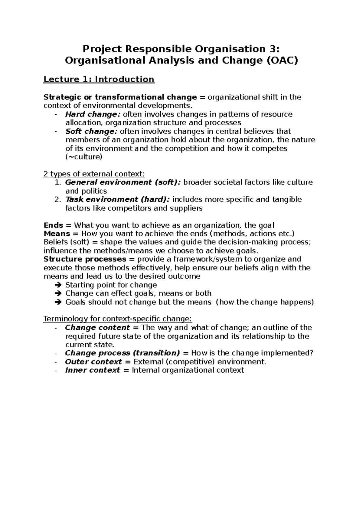 Project Responsible Organisation 3: OAC Lecture 1-3 Summary on Change ...