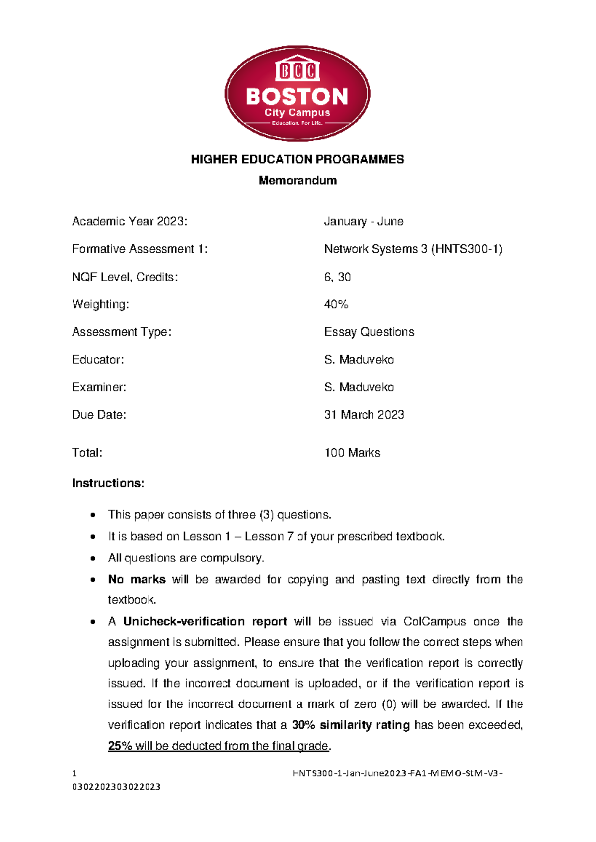 HNTS300 1 Jan June2023 FA1 MEMO St M V3 03022023 - 1 HNTS300-1-Jan ...
