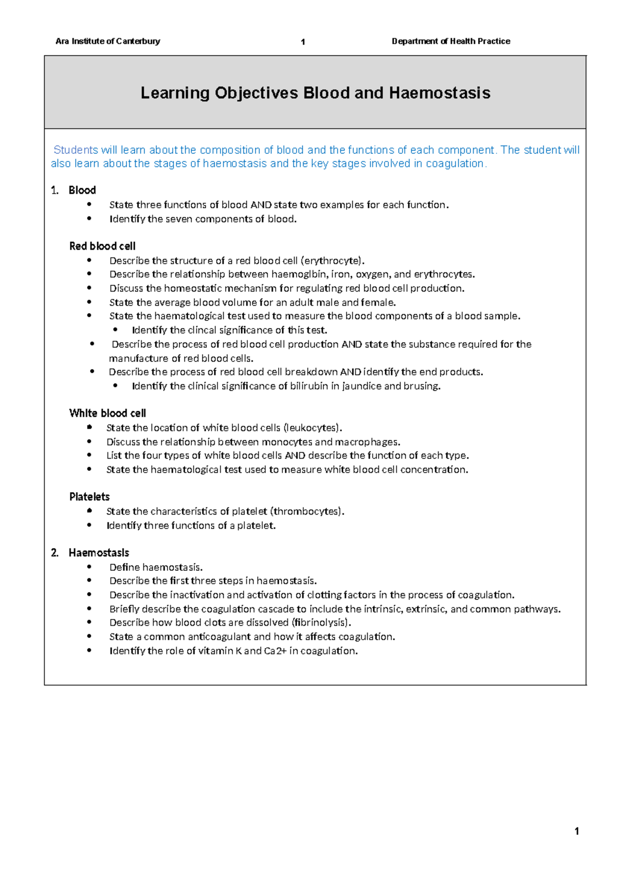Learning Objectives: Blood & Haemostasis (Health Practice) - Studocu