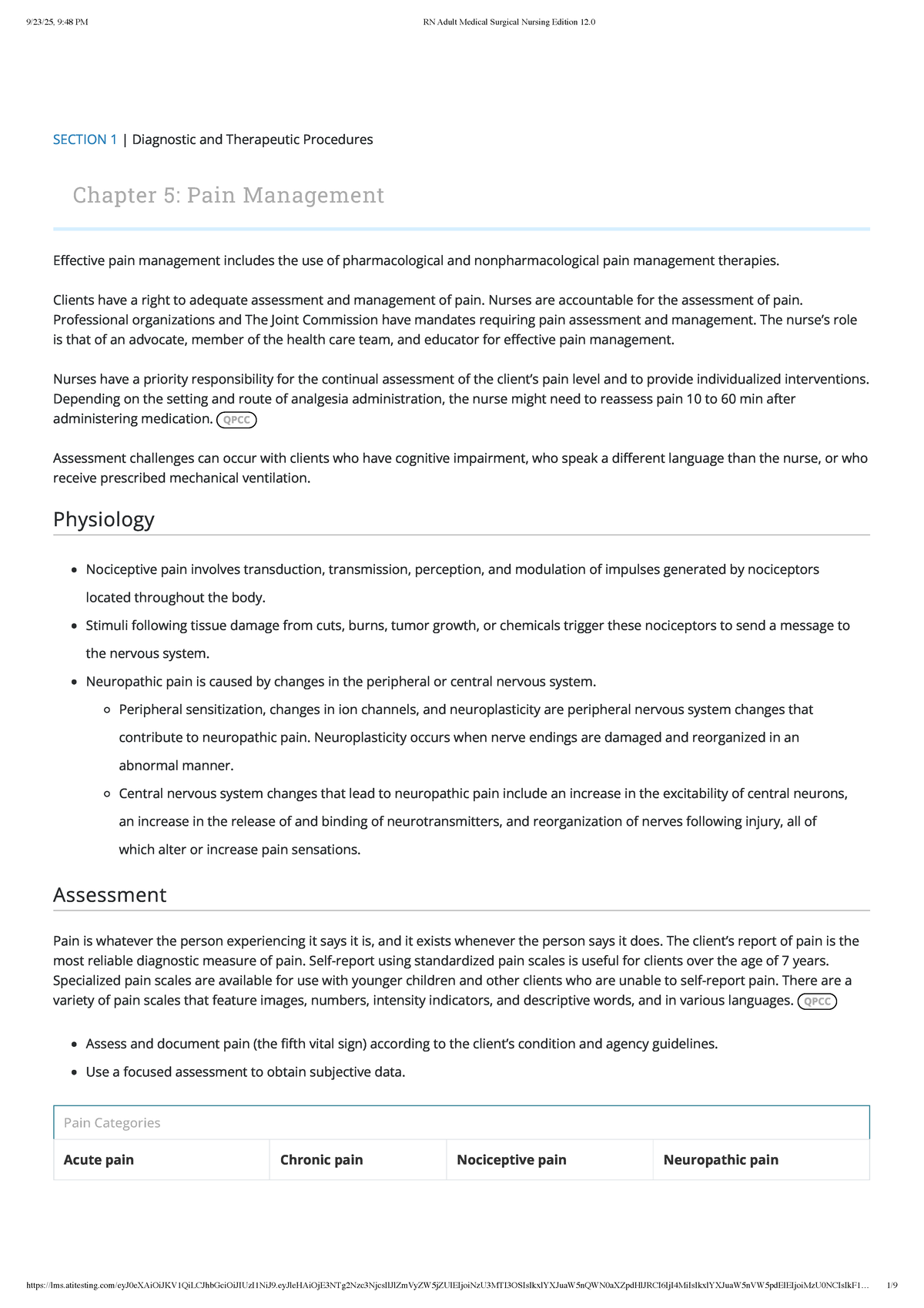 Chpt 5: Pain Management - RN Adult Med-Surg Nursing Ed 12.0 - Studocu