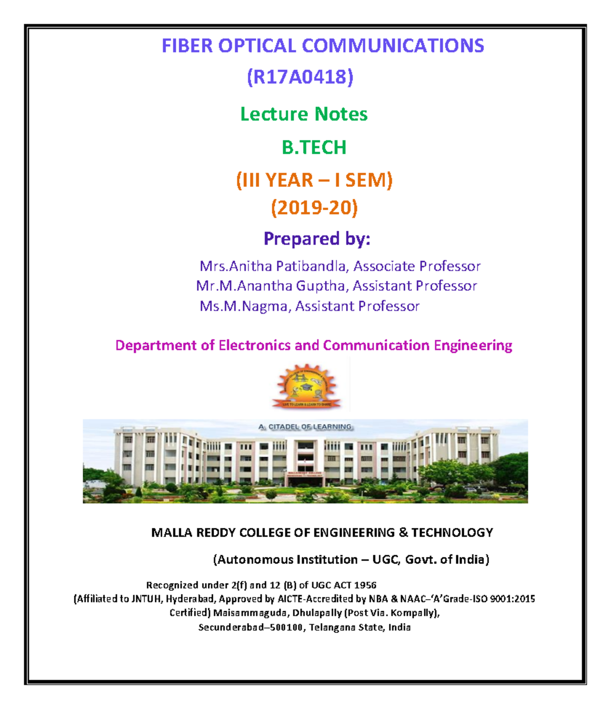 R17A0418 Fiber Optical Communications Lecture Notes - B.Tech III Year ...