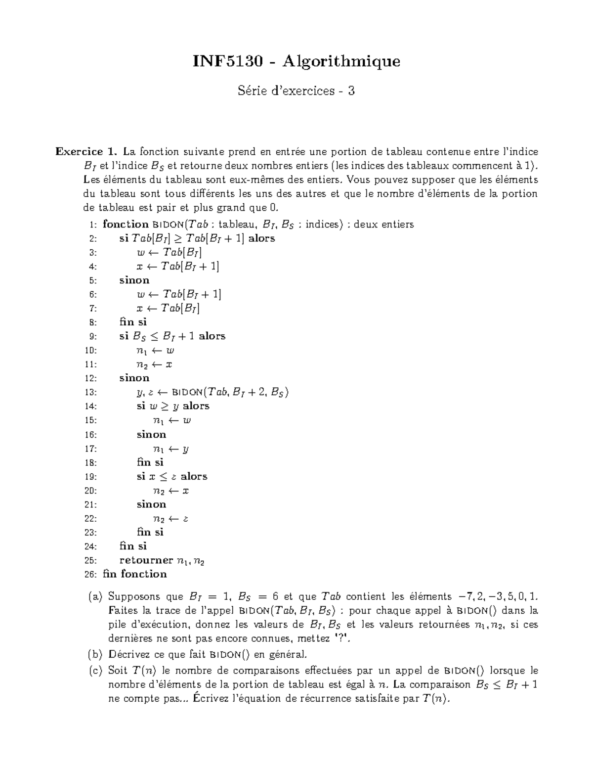 INF5130 Algorithmique - Série 3: Exercices et Solutions - Studocu