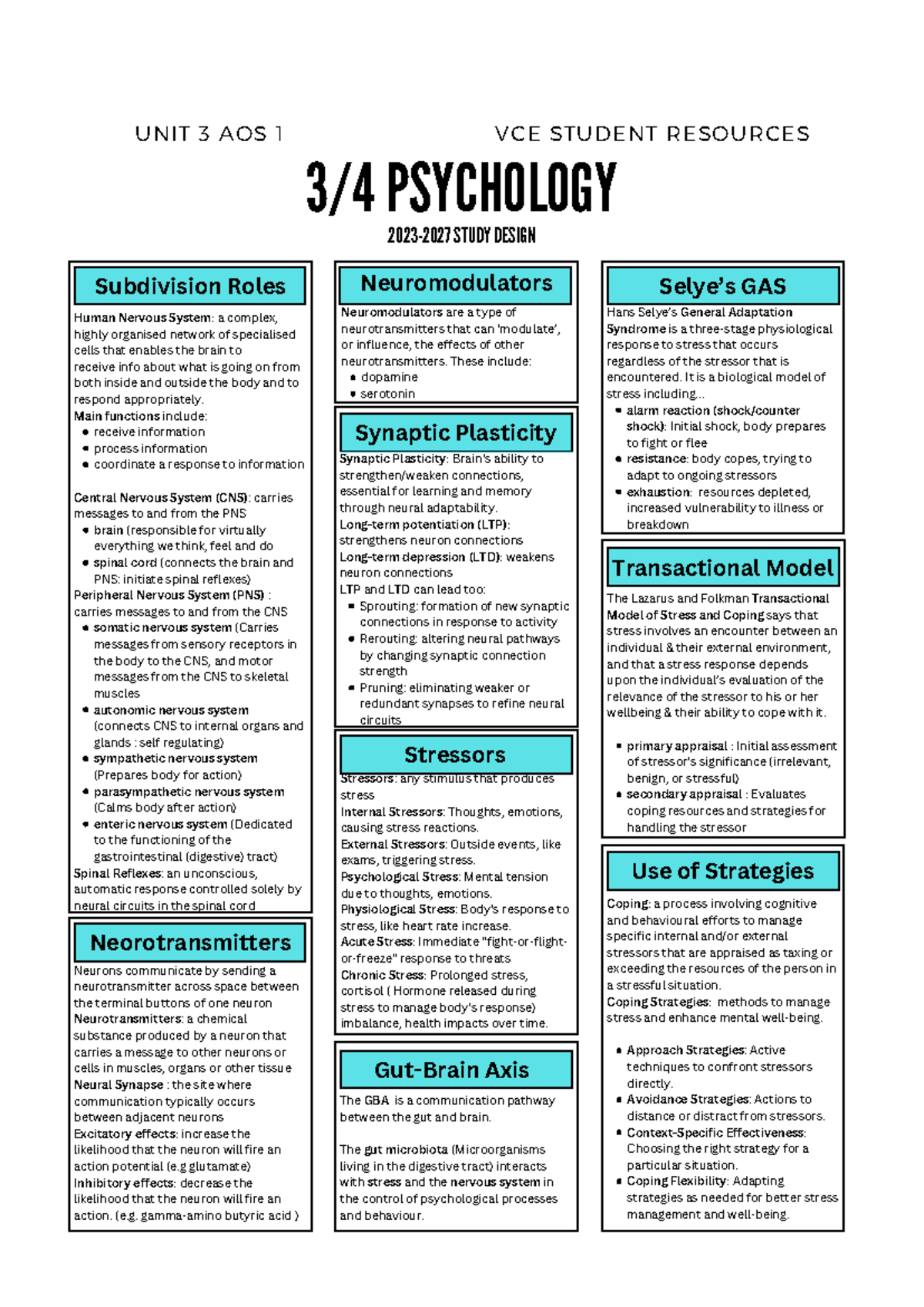 UNIT 3 & 4 AOS 1-2 VCE PSYCHOLOGY STUDY DESIGN: Nervous System ...