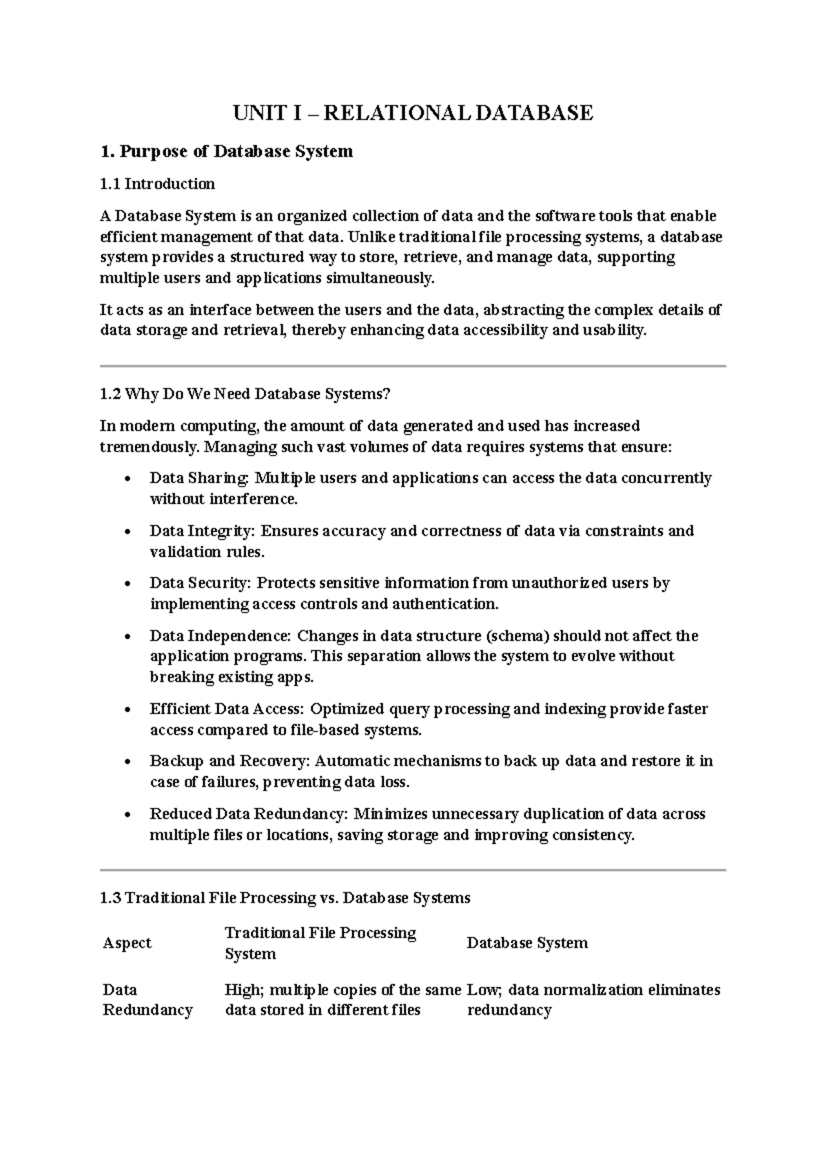 DBMS UNIT I: Introduction to Relational Database Systems and Key ...