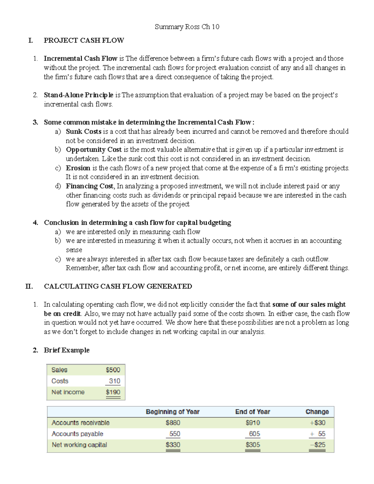 Summary of Ross Ch 10: Project Cash Flow Analysis and Capital Budgeting ...
