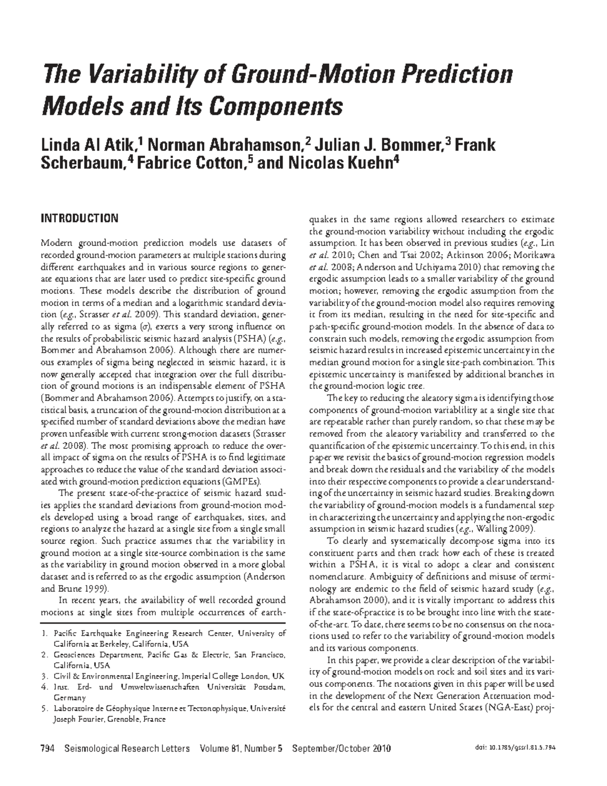 Variability of Prediction Models in Seismic Hazard Analysis (CE 101 ...