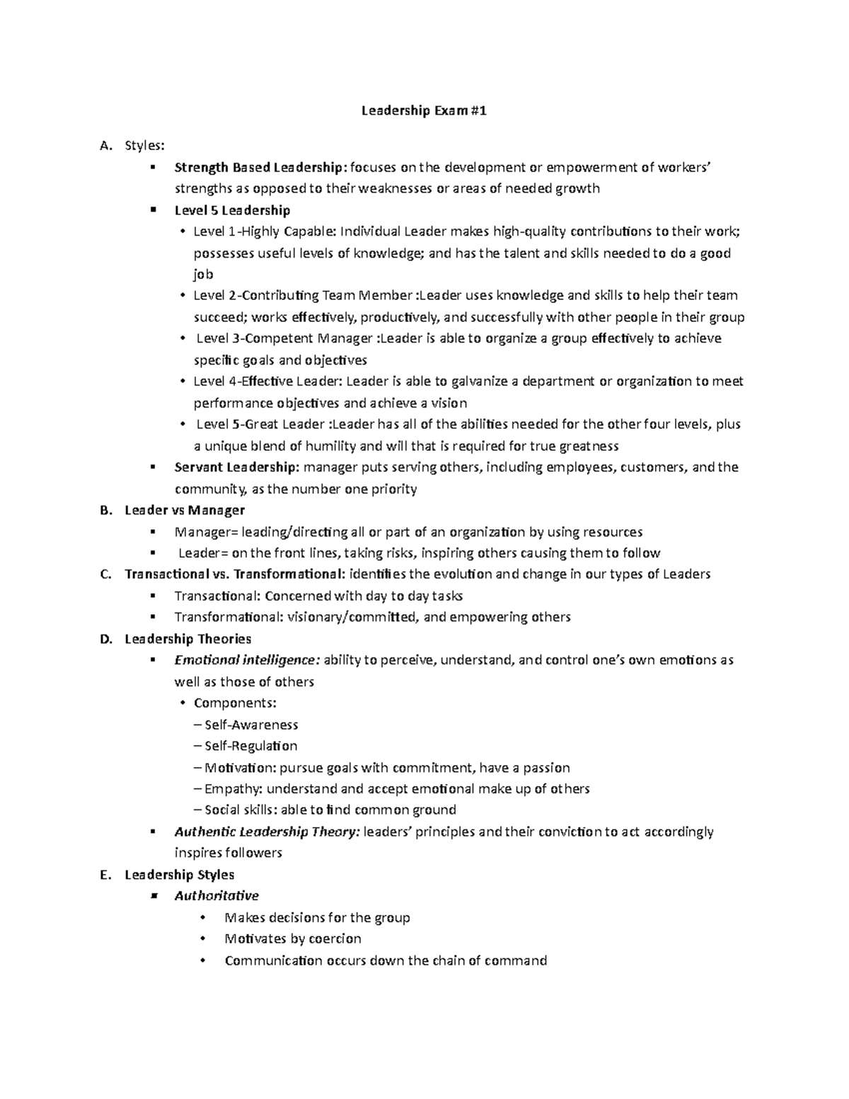 Leadership Exam - Key Concepts and Class Notes Overview - Studocu