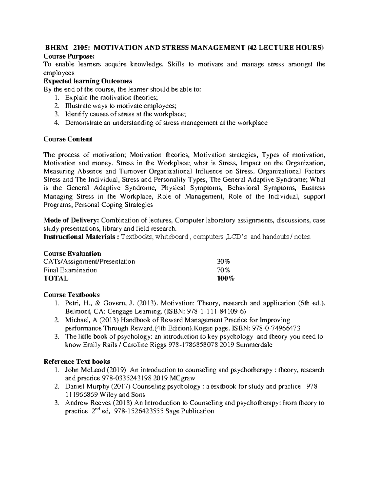 BHRM 2105: Lecture Notes on Motivation and Stress Management - Studocu