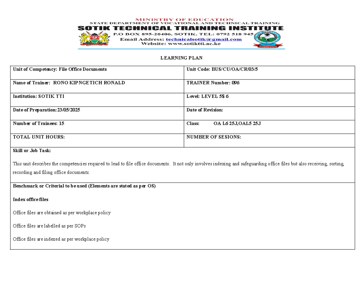 FOD Level 6 Learning Plan: Filing Office Documents - Studocu