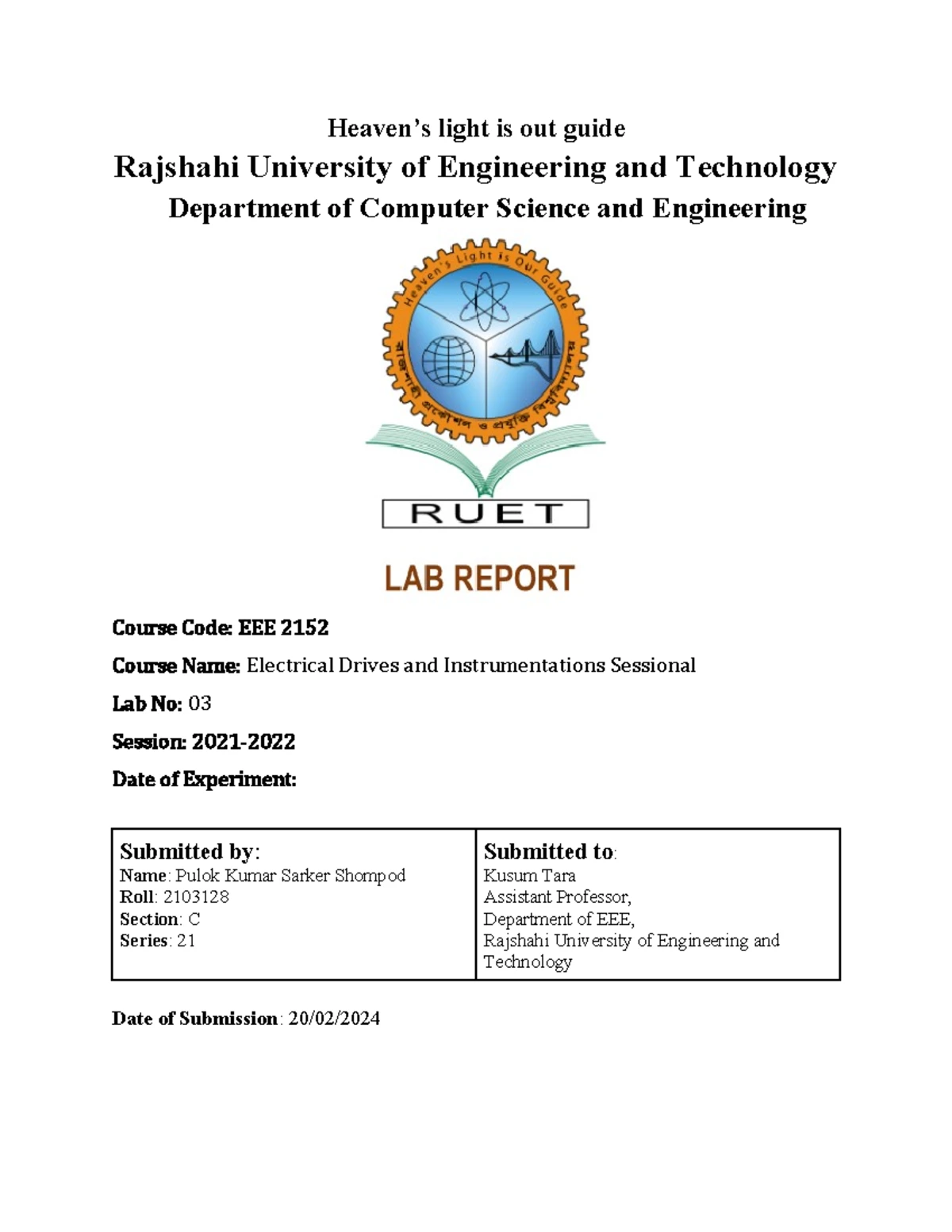 EEE 2152 Lab Report 03 - Rajshahi University of Engineering ...