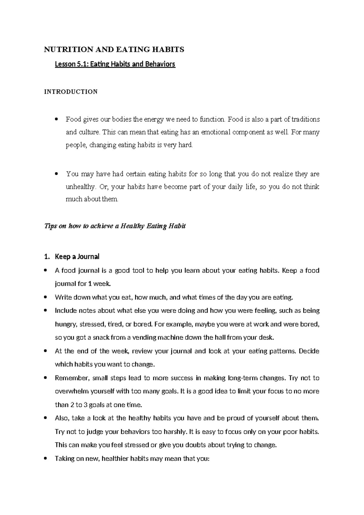 NUTRITION AND EATING HABITS Lesson 5.1: Healthy Eating Journal Guide ...